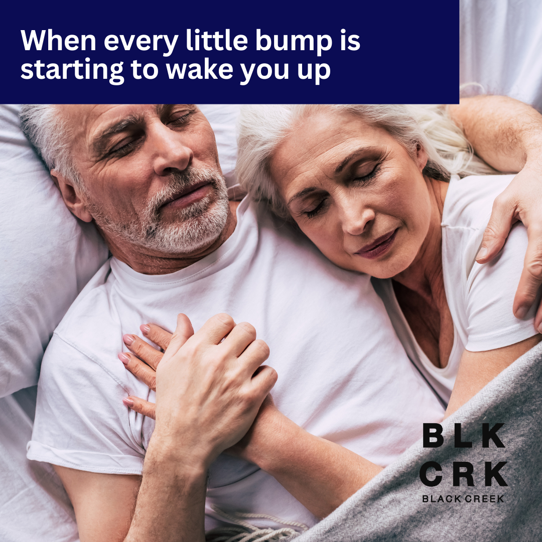 A picture of a man and a woman couple sleeping with the caption "When every little bump is starting to wake you up. The Black Creek CBD logo is at the bottom.