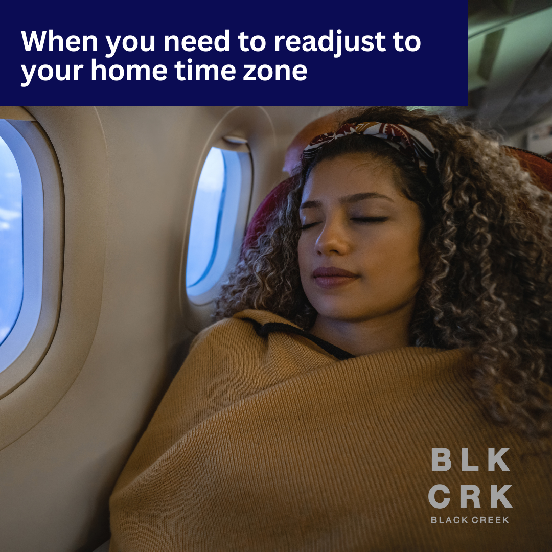 A picture of a woman taking a nap on a plane with the caption "when you need to readjust to your home time zone. The Black Creek CBD logo is at the bottom.