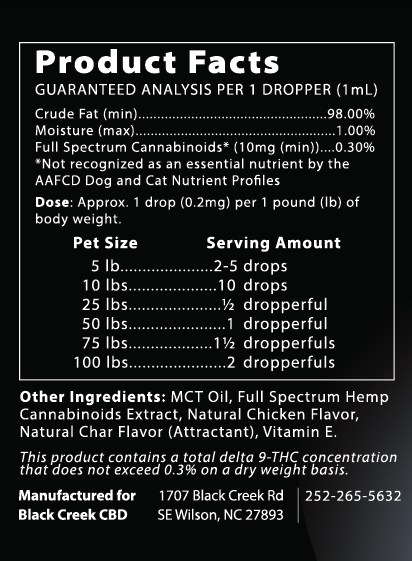 The product facts panel for the Black Creek CBD calming Pet Tincture. Contains 98% crude fat, 1% moisture and .30% Full spectrum cannabinoids (10mg). Other ingredients include MCT Oil, Full Spectrum Hemp Cannabinoids Extract, Natural Chicken Flavor, Natural Char Flavor, and Vitamin E.