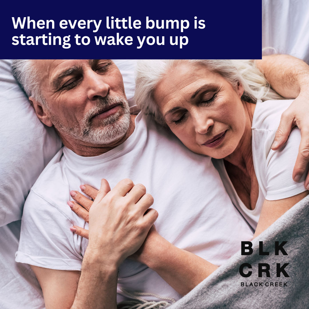 A picture of a man and a woman couple sleeping with the caption "When every little bump is starting to wake you up. The Black Creek CBD logo is at the bottom. 