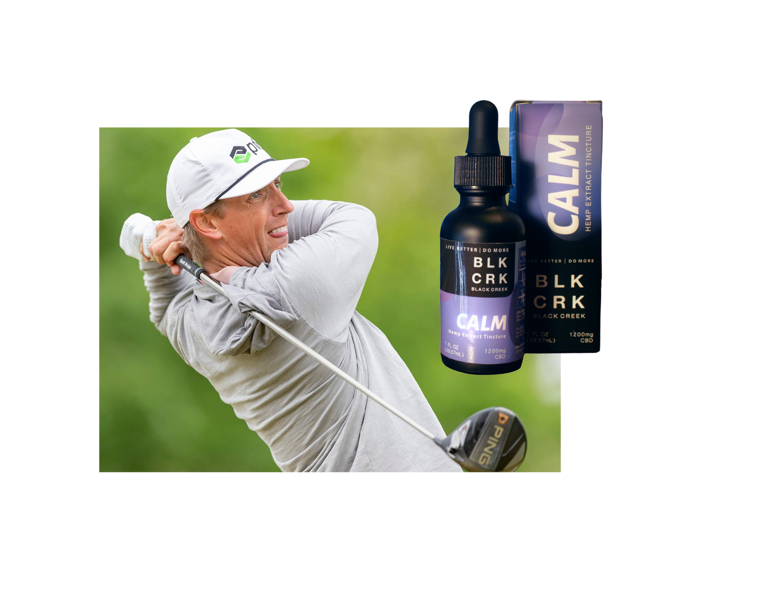 Pro Golfer JT Griffin swings his club while the Black Creek CBD Calm Tincture sits beside him