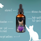 This is an infographic of the Black Creek CBD Pet Tincture on a teal background. The captions say vitamin E, promote relaxation, easy to use - just mix with a meal, enhance pet wellness, delicious chicken flavor, high quality full spectrum CBD