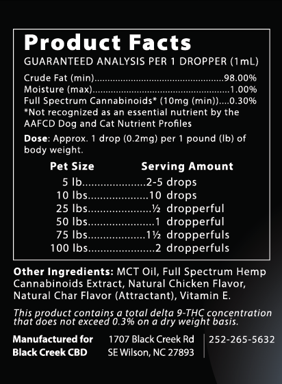 The product facts panel for the Black Creek CBD calming Pet Tincture. Contains 98% crude fat, 1% moisture and .30% Full spectrum cannabinoids (10mg). Other ingredients include MCT Oil, Full Spectrum Hemp Cannabinoids Extract, Natural Chicken Flavor, Natural Char Flavor, and Vitamin E. 
