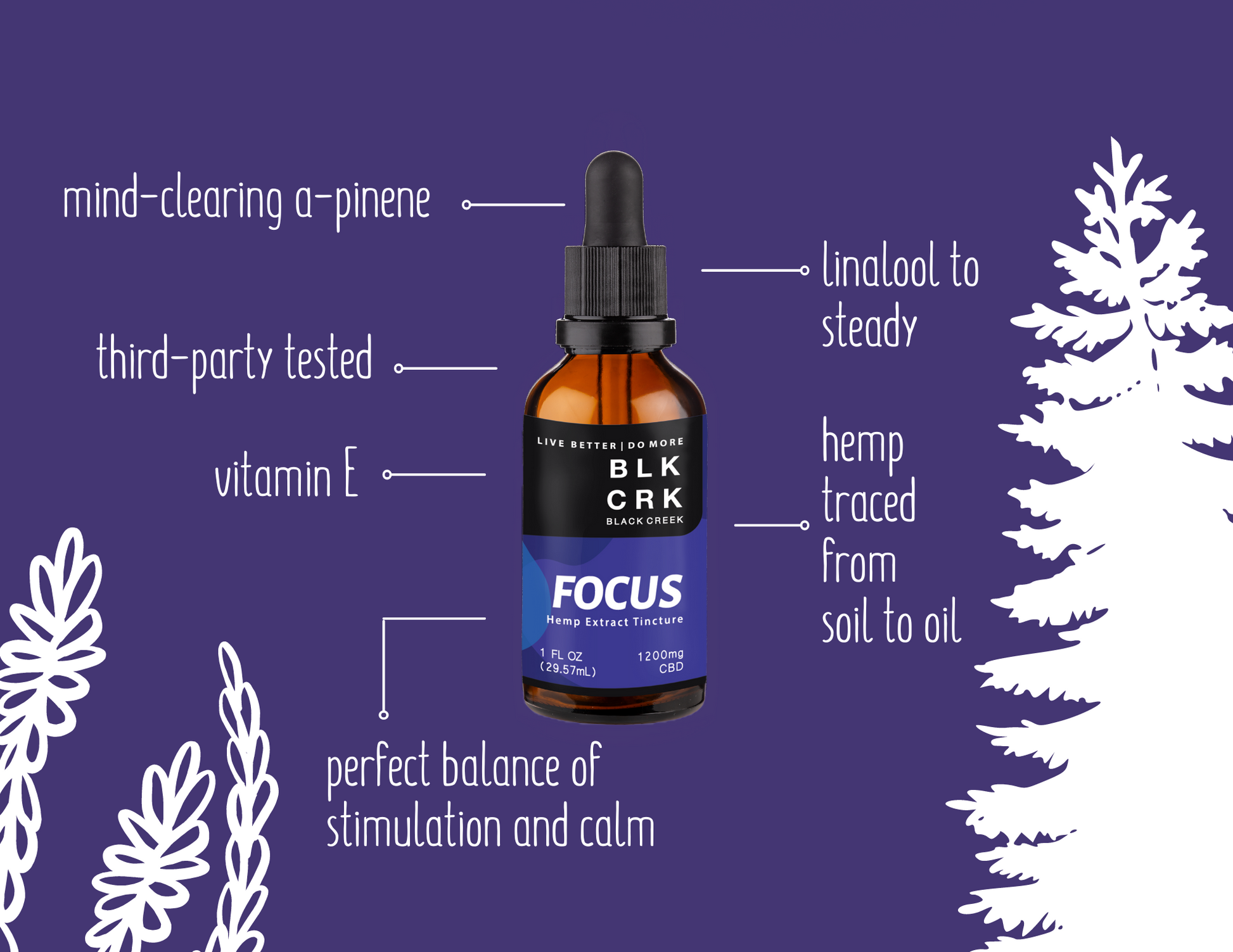 Black Creek CBD's focus tincture with a list of facts surrounding it. Mind-Clearing a-pinene, third party tested, vitamin E, perfect balance of stimulation and calm, linalool to steady, hemp traced from soil to oil. On a purple background with drawn lavender and pine tree