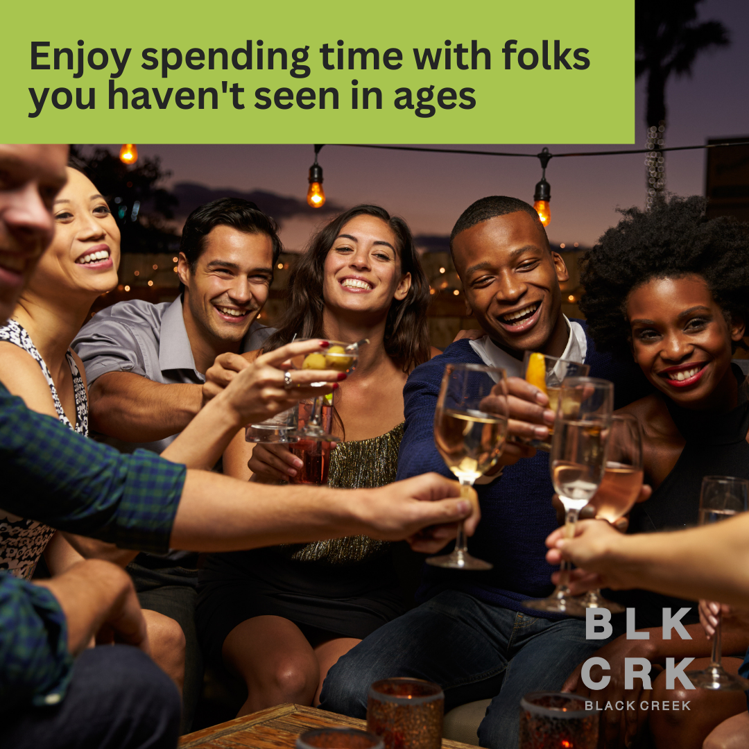 A group of friends cheers each other with wine glasses at sunset. The caption states "enjoy spending time with folks you haven't seen in ages" The Black Creek CBD logo is at the bottom.