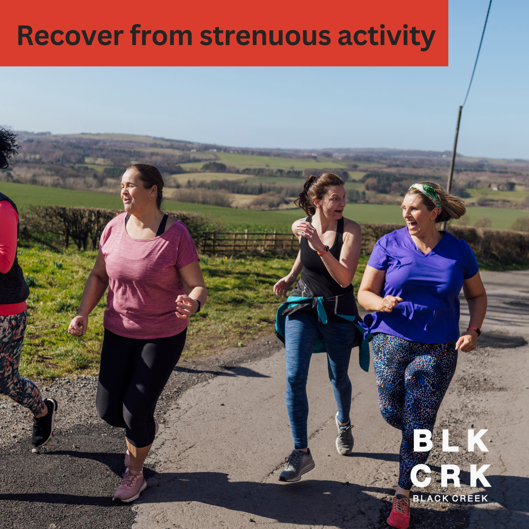 4 women excitedly jogging through the countryside. Caption: recover from strenuous activity. The Black Creek CBD logo is at the bottom.