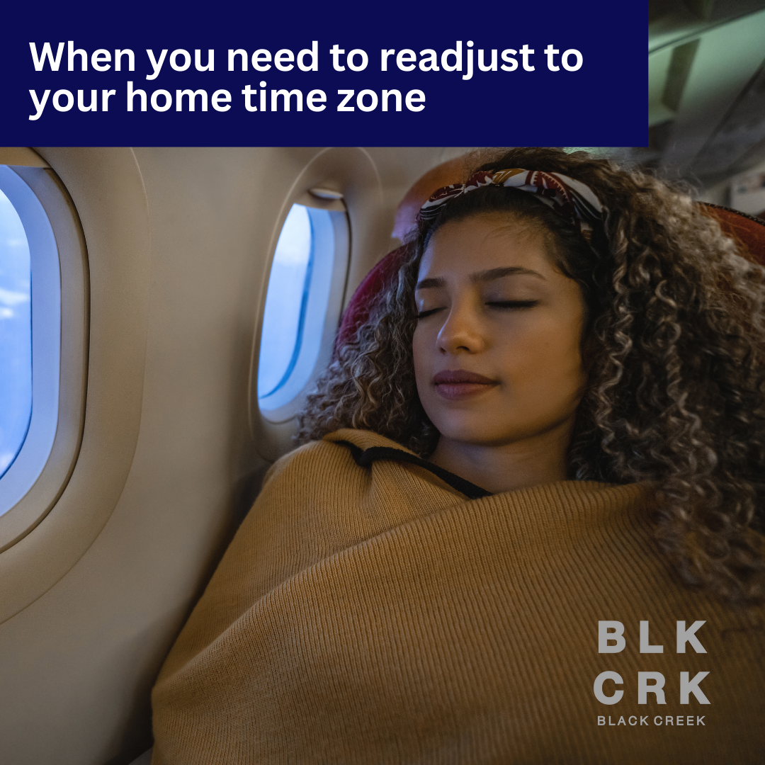 A picture of a woman taking a nap on a plane with the caption "when you need to readjust to your home time zone. The Black Creek CBD logo is at the bottom. 