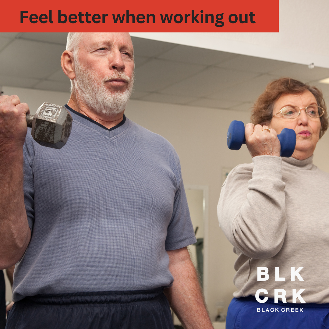 A man and a woman working out, curling dumbells. Caption: Feel better when working out. The Black Creek CBD logo is at the bottom.