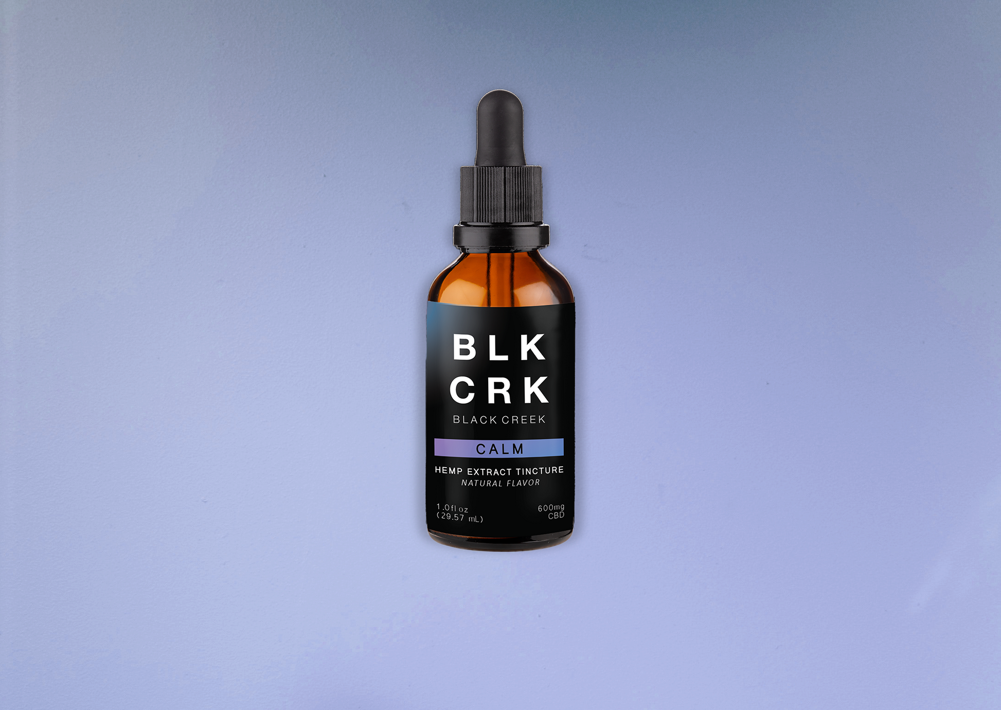 A picture of the Black Creek CBD Calm Tincture, 600mg on a pale powder blue / lavender background